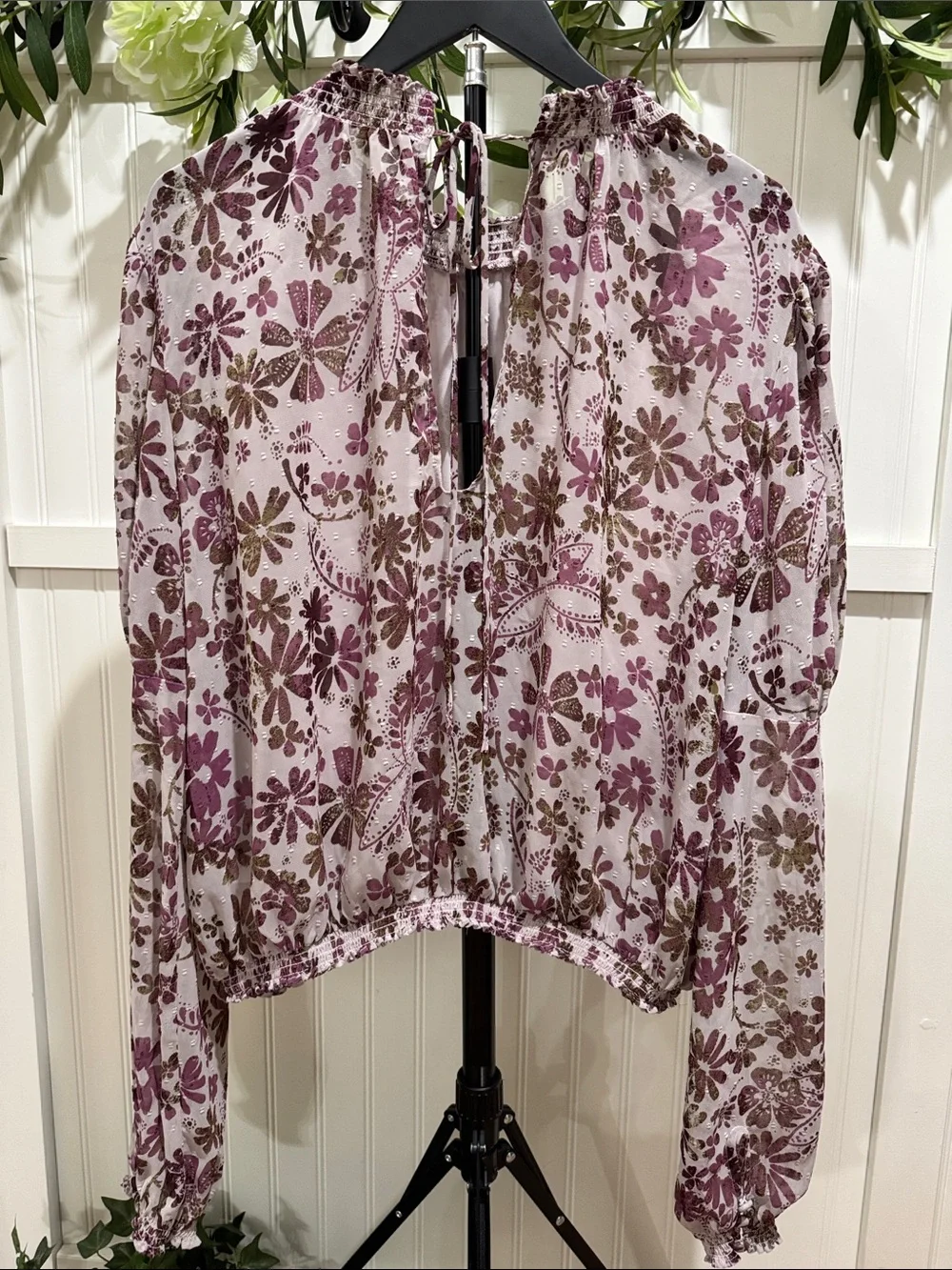 #822 FREE PEOPLE Lavender Brown Floral Smocked-Neck Puff Sleeve Blouse